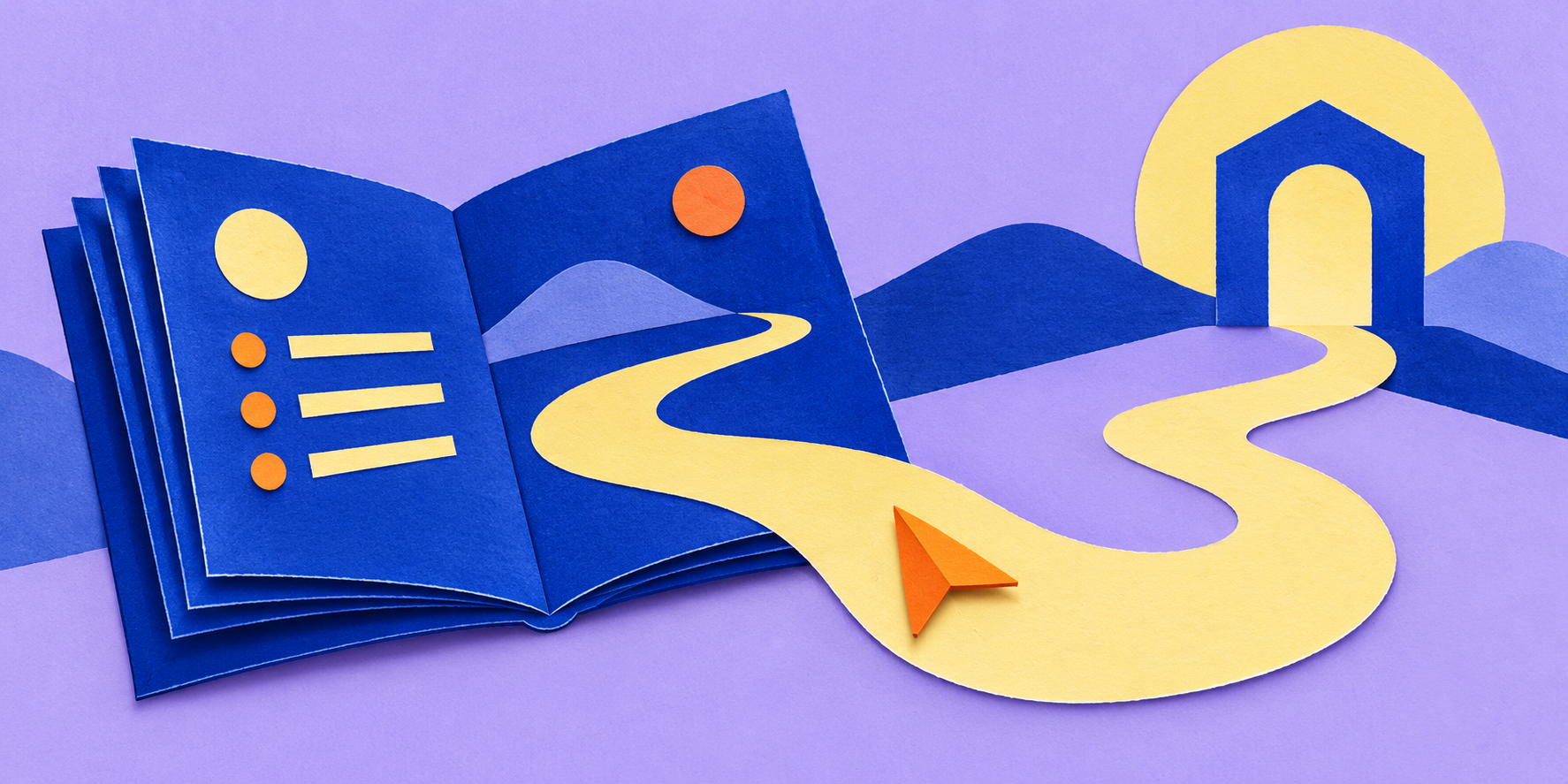 A cut-paper booklet unfolds into a path guiding an orange cursor toward an arch.