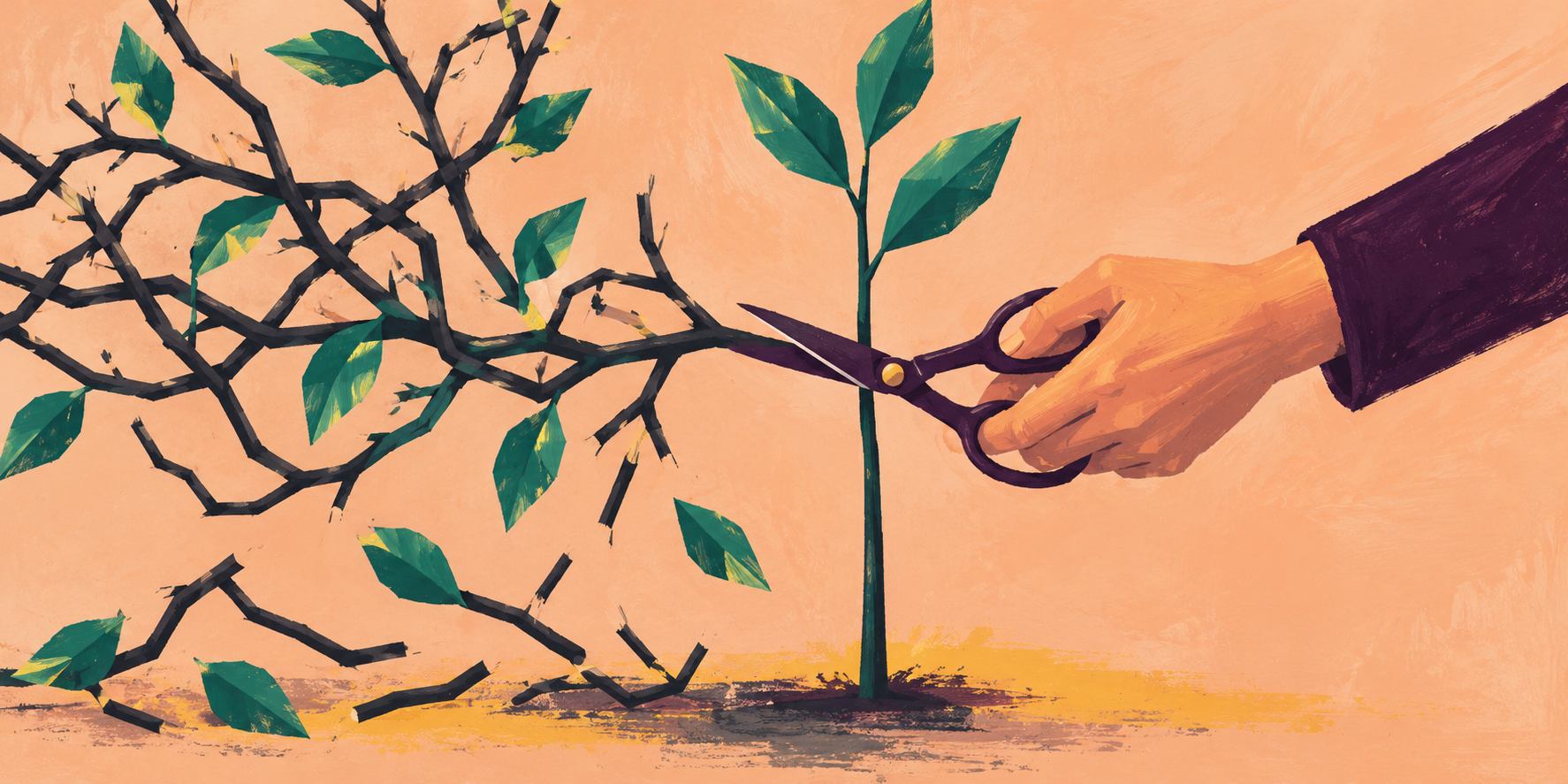 A painted hand pruning tangled branches to leave a simple green stem on a peach background.