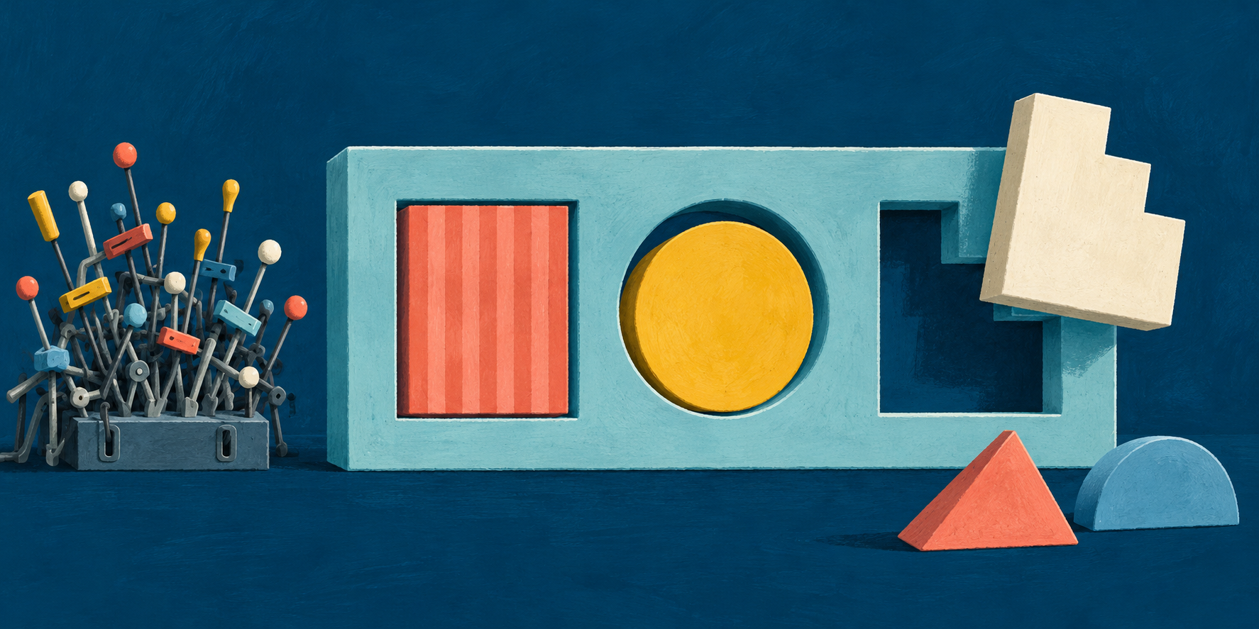A pale blue frame holds colourful removable shapes beside a tangled cluster of control levers.