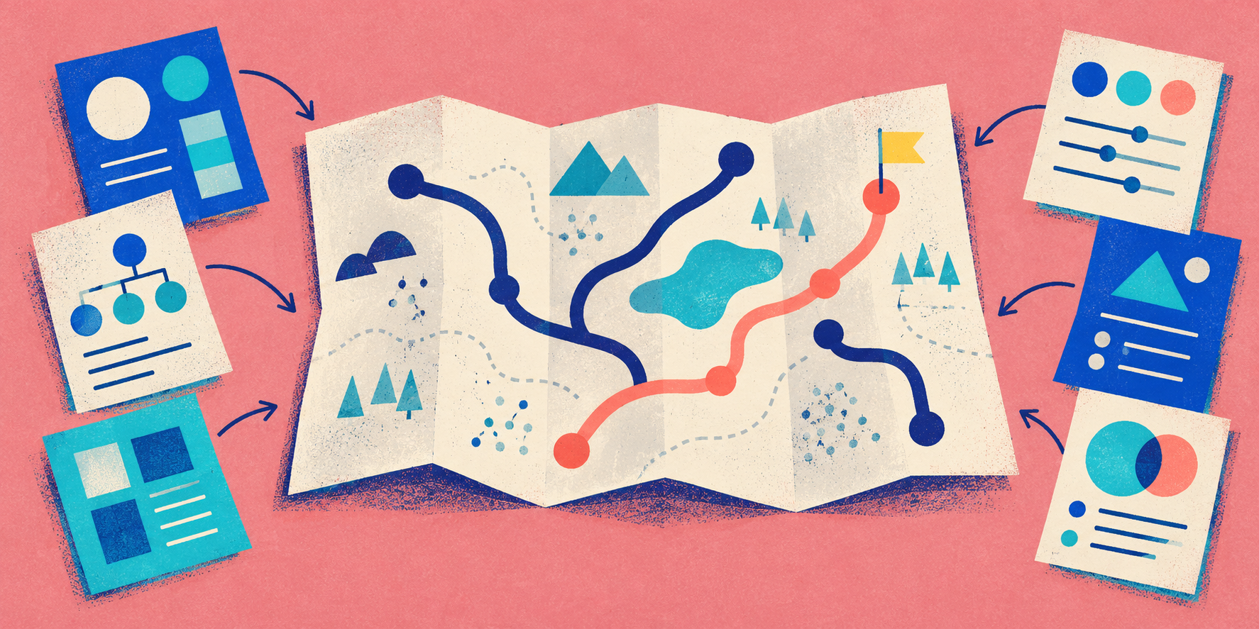 Reference sheets surround an unfolded map with branching blue paths and a coral route leading to a yellow flag.