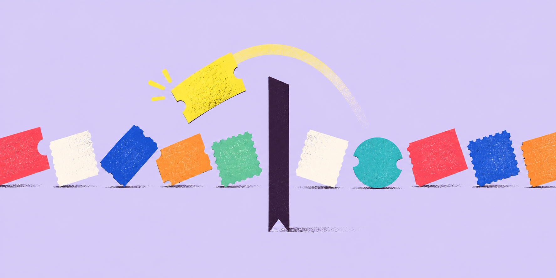Colourful tickets line up around a dark cursor marker while a yellow ticket jumps over it.